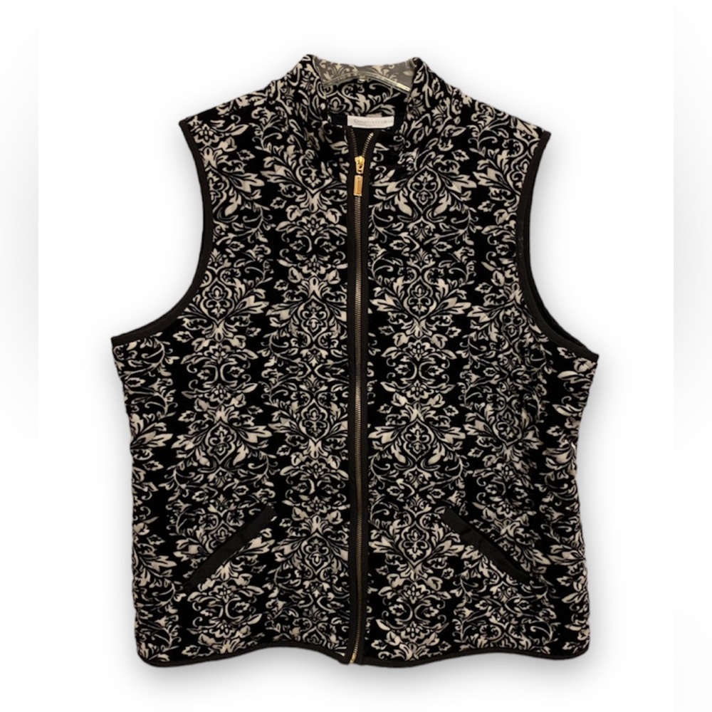 Charter Club Zip Up Velvet Black & White Floral Diamond Quilted Two Pocket Vest
